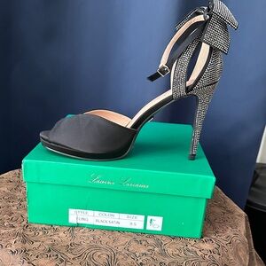 Lauren Lorraine Black Satin Heels with Rhinestone Bow